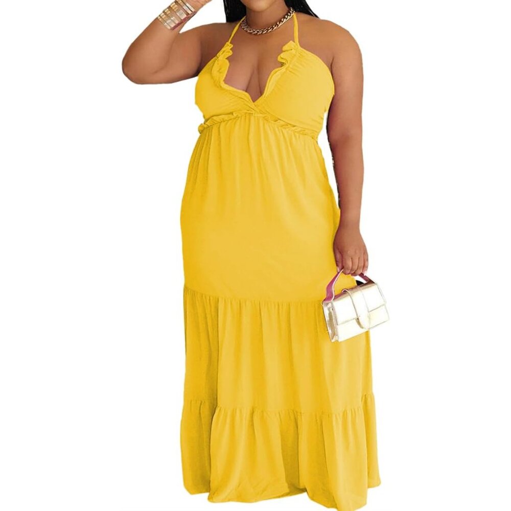 Womens Plus Size Maxi Dress Oversized Smocked Tiered Ruffle Flowing Sleeveless